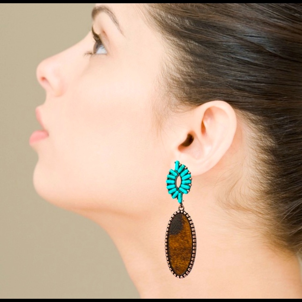 Turquoise and faux cow hide earrings! Gorgeous!